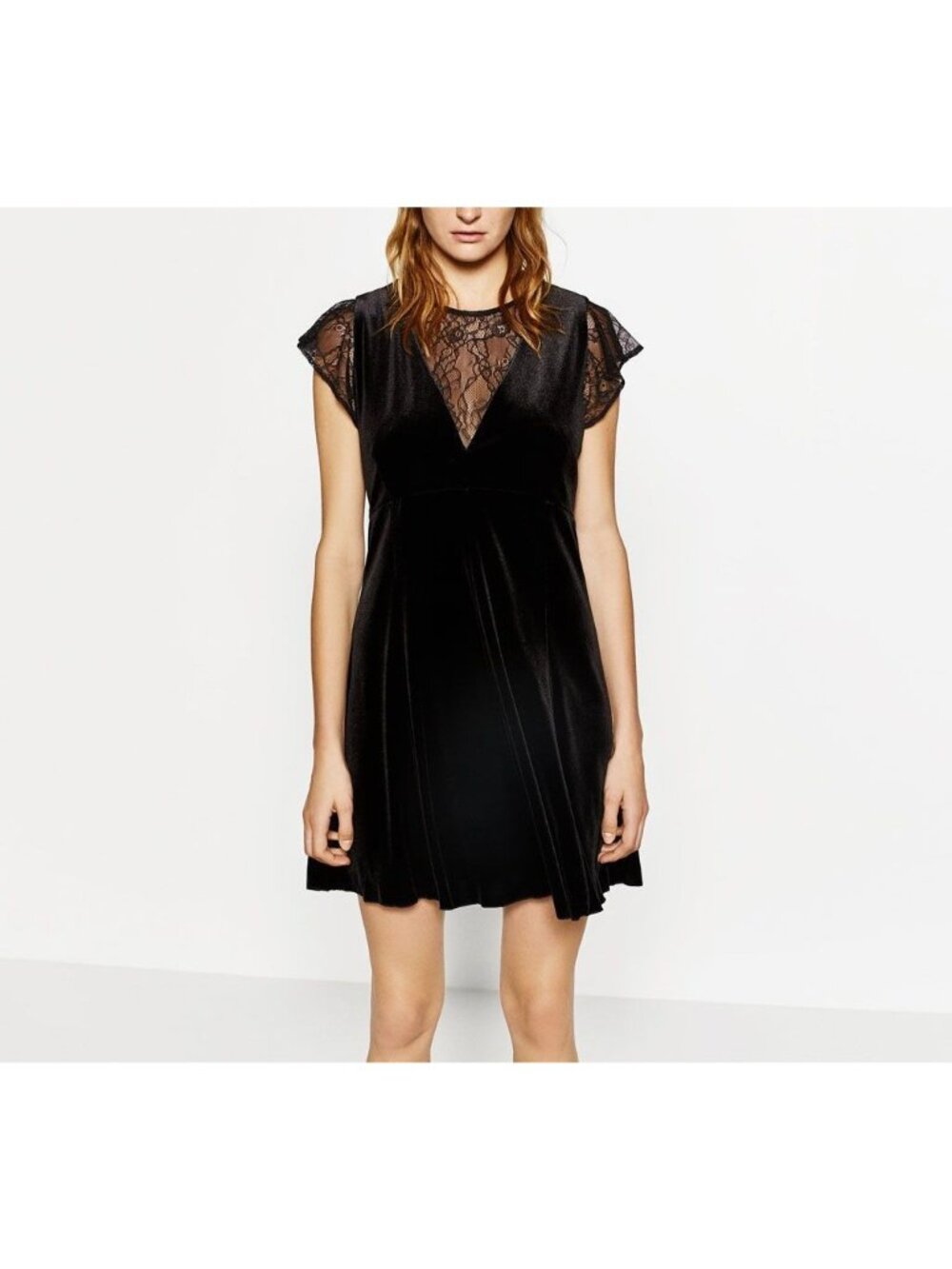 Zara Basic Velvet Lace Mini Dress Womens M Skater Fit Flare Flutter Sleeve Black - Picture 2 of 15